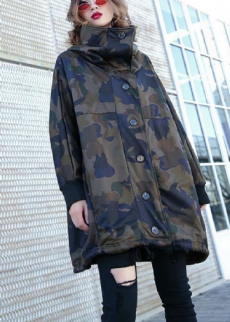 Håndlaget Knapplommer Fin Frakk For Kvinne Camouflage Silhouette Coat