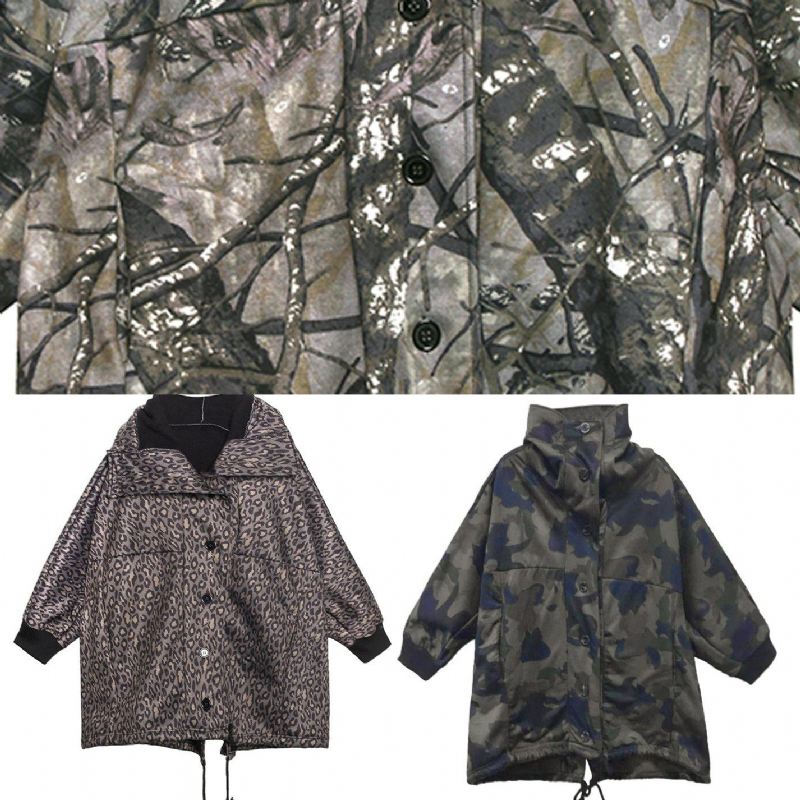 Håndlaget Knapplommer Fin Frakk For Kvinne Camouflage Silhouette Coat - Grå