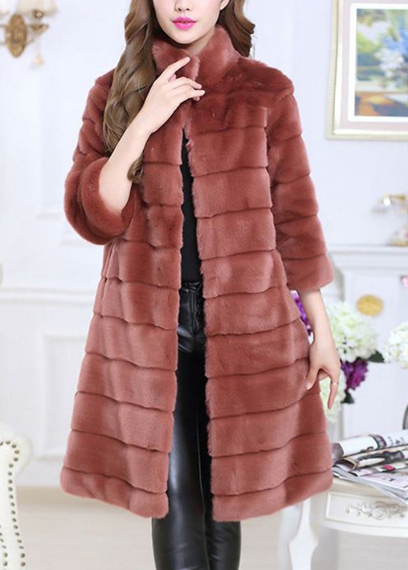 Håndlaget Murstein Rød Oversized Tykk Fuzzy Pels Fluffy Coat Half Sleeve