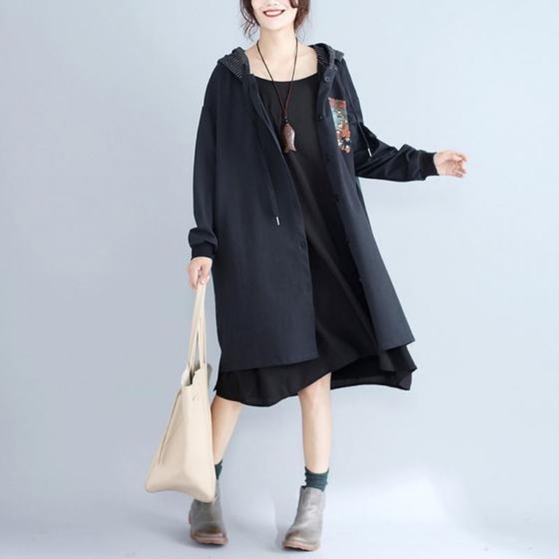 Høst Kvinner Utskrifter Svart Bomull Cardigan Oversize Fashion Fit Hette Trenchcoat