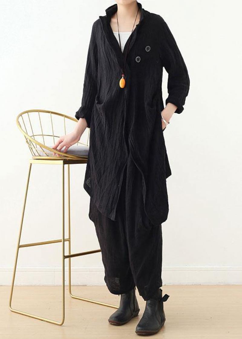 Hot Black Lommer Lin Langermet Spring Trench - Svart