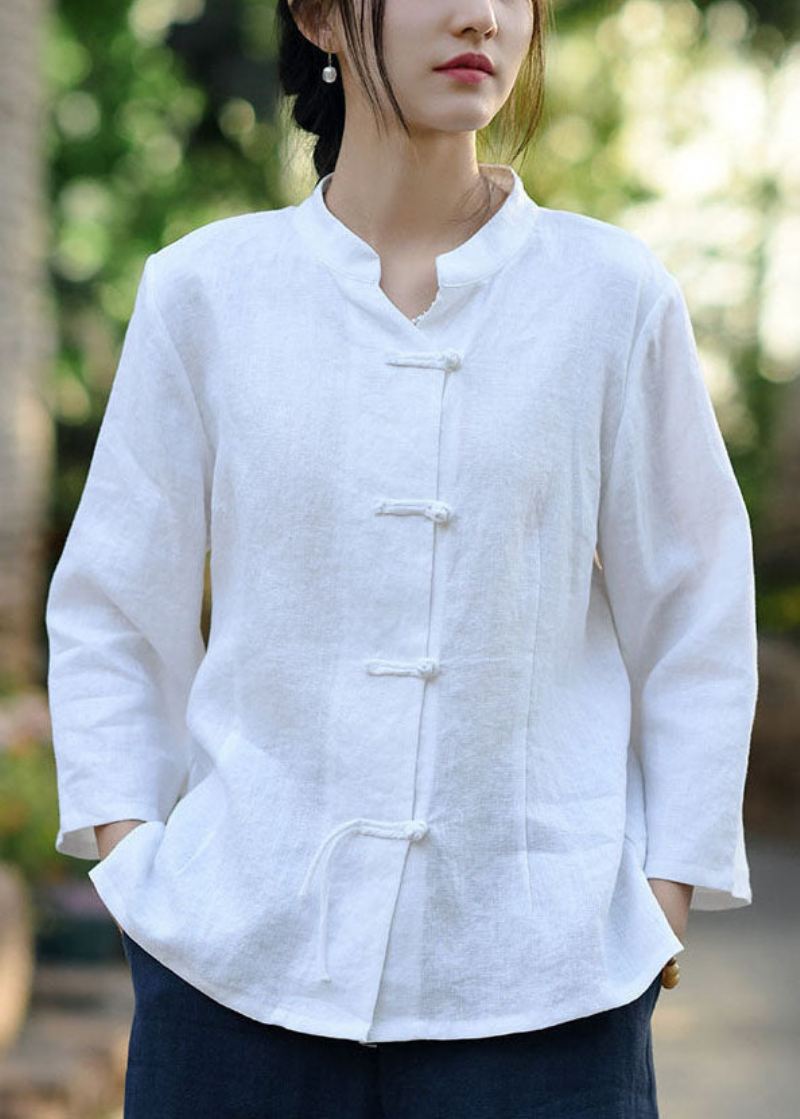 Hvit Solid Button Lin Coats Stand Collar Spring