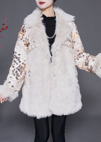 Italiensk Beige Floral Patchwork Faux Fur Coat Vinter