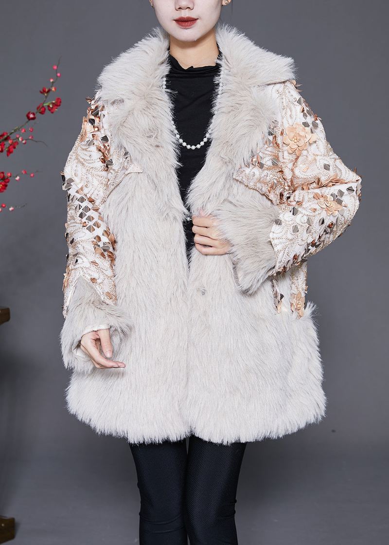 Italiensk Beige Floral Patchwork Faux Fur Coat Vinter - Vinterfrakker for kvinner