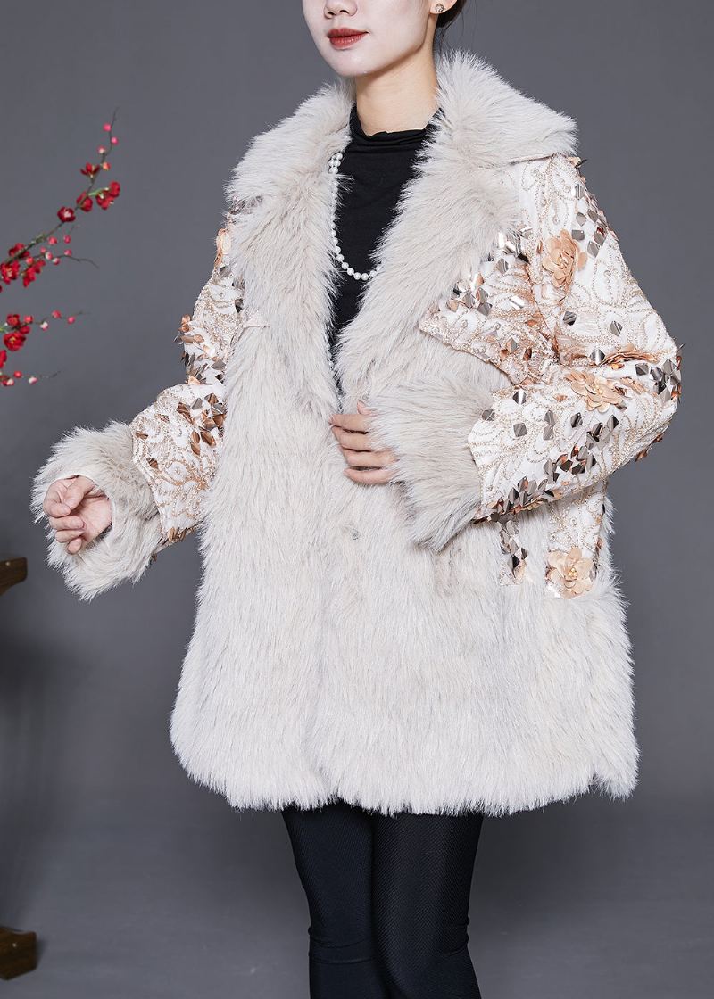 Italiensk Beige Floral Patchwork Faux Fur Coat Vinter - Vinterfrakker for kvinner