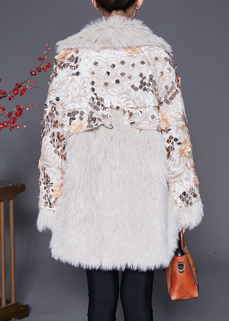 Italiensk Beige Floral Patchwork Faux Fur Coat Vinter - Vinterfrakker for kvinner