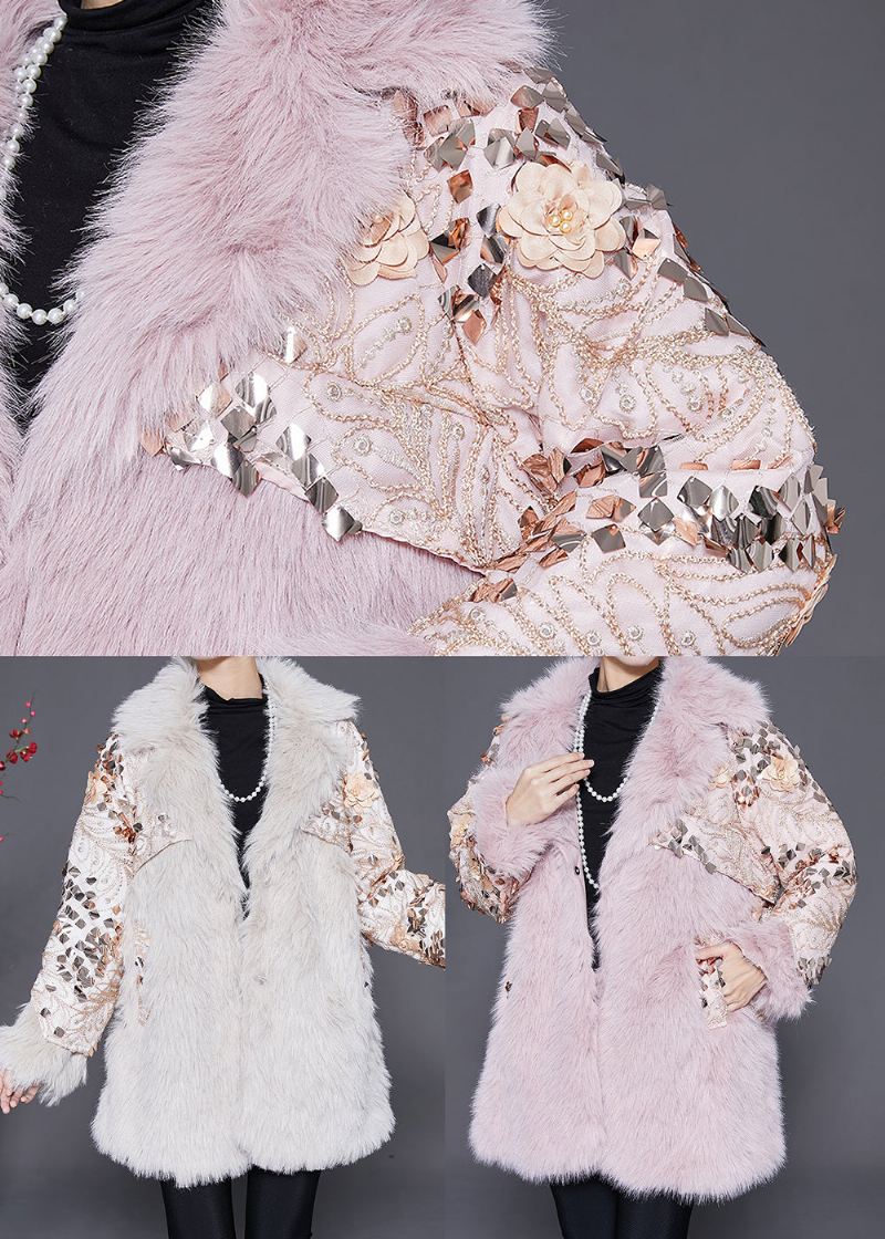 Italiensk Beige Floral Patchwork Faux Fur Coat Vinter - Vinterfrakker for kvinner