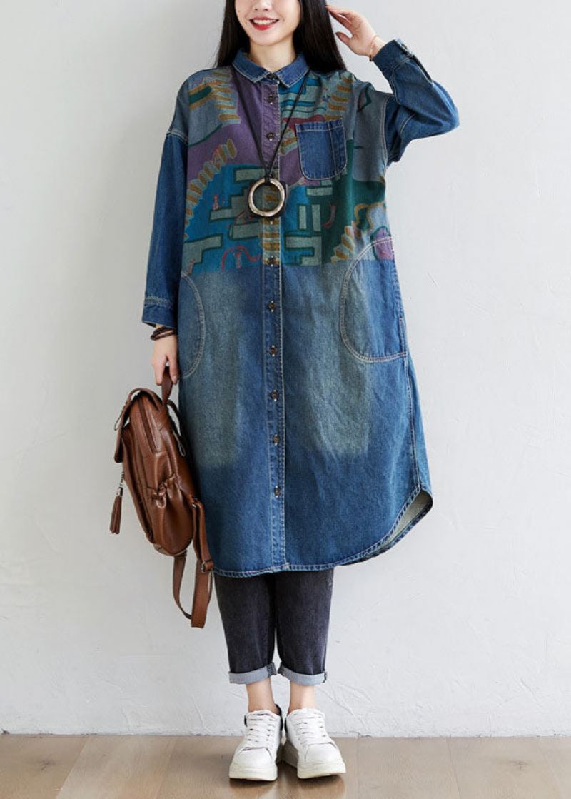 Italiensk Blå Peter Pan Krage Lommer Print Denim Coat Spring