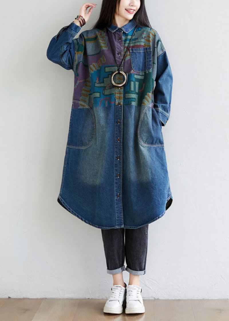 Italiensk Blå Peter Pan Krage Lommer Print Denim Coat Spring - Vinterfrakker for kvinner