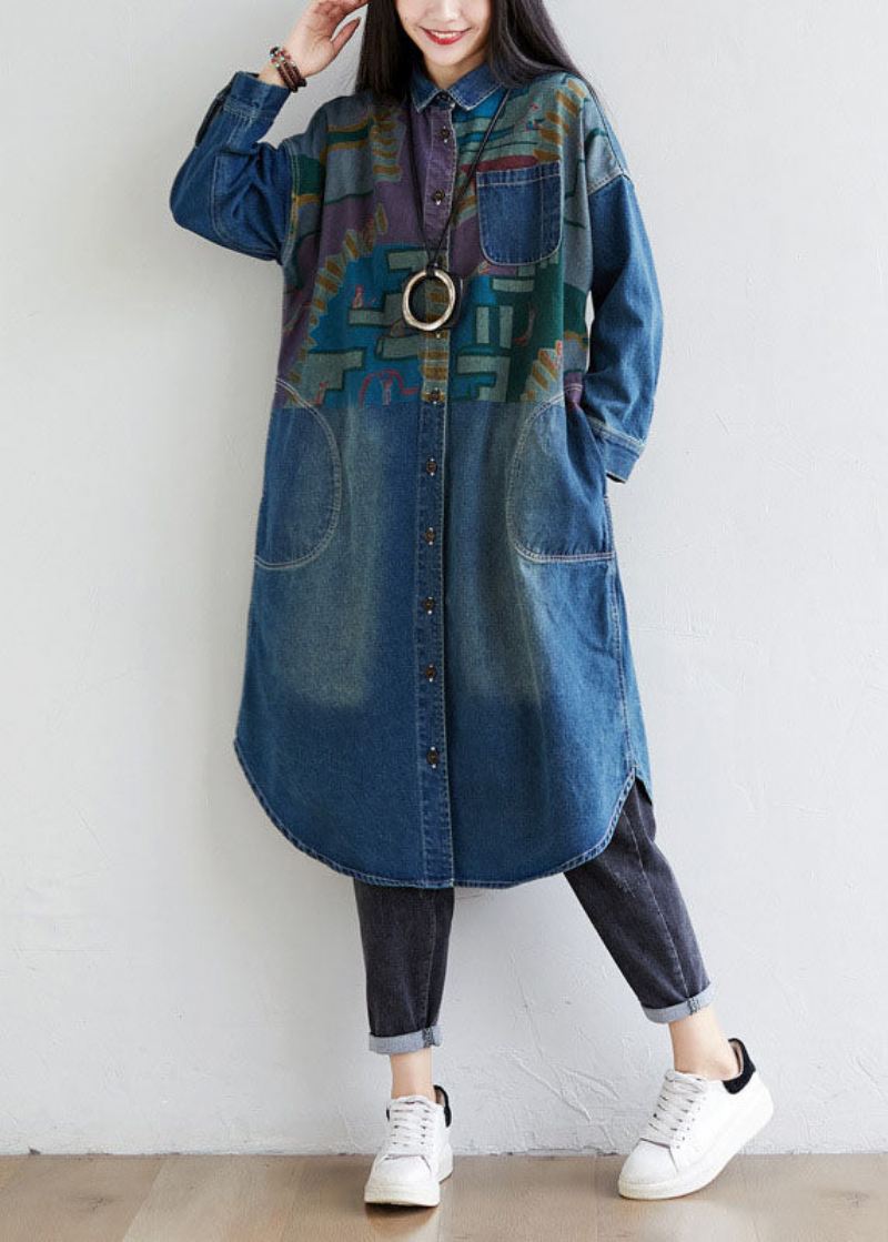 Italiensk Blå Peter Pan Krage Lommer Print Denim Coat Spring - Vinterfrakker for kvinner