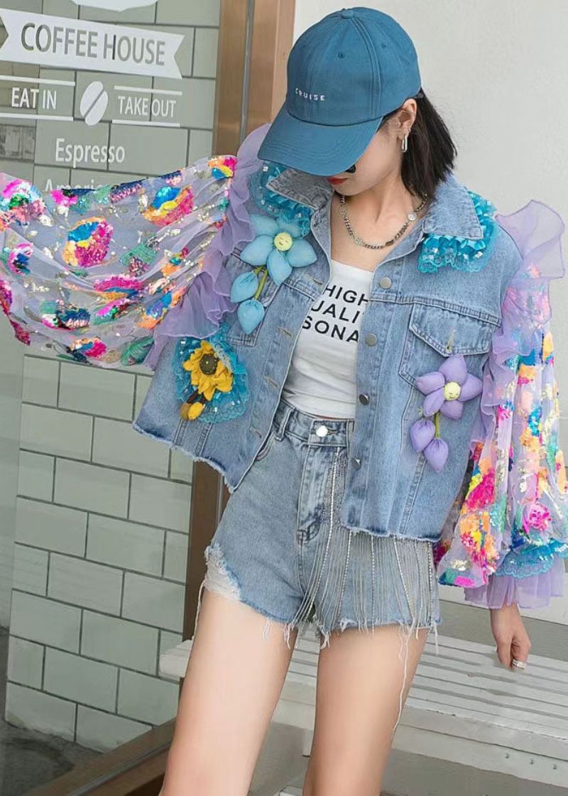 Italiensk Blå Tyll Ruffled Paljetter Blomsterdekorert Patchwork Denim Coat Spring