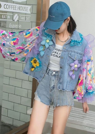 Italiensk Blå Tyll Ruffled Paljetter Blomsterdekorert Patchwork Denim Coat Spring