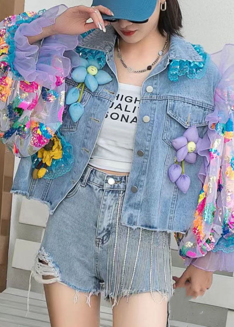 Italiensk Blå Tyll Ruffled Paljetter Blomsterdekorert Patchwork Denim Coat Spring - Vinterfrakker for kvinner