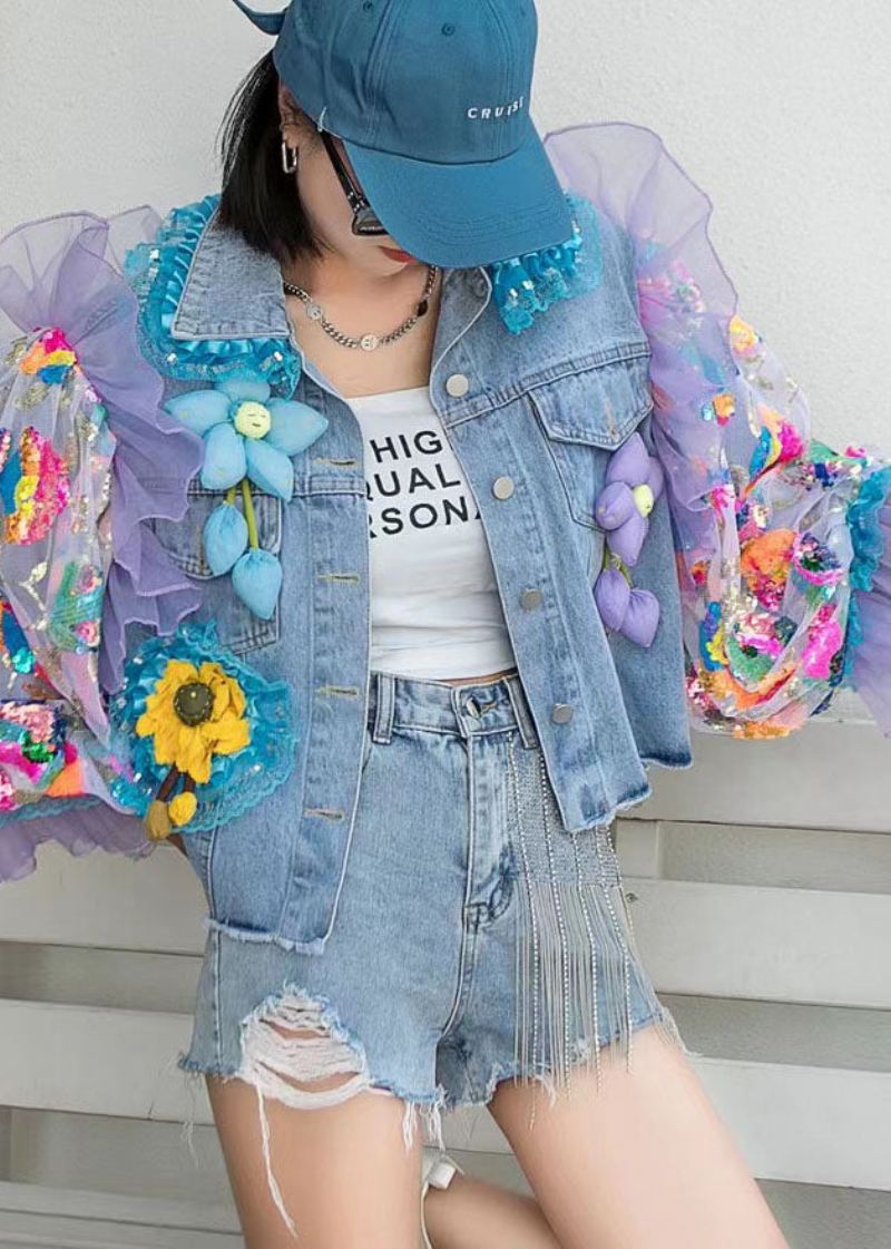 Italiensk Blå Tyll Ruffled Paljetter Blomsterdekorert Patchwork Denim Coat Spring - Vinterfrakker for kvinner