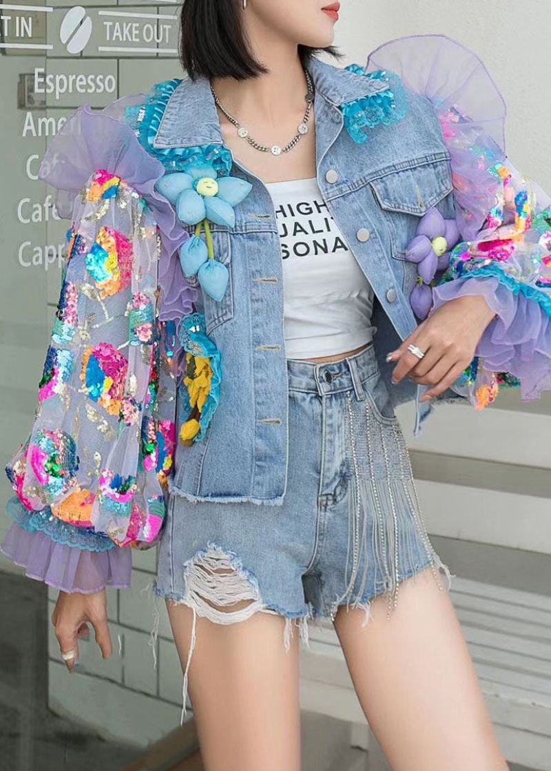 Italiensk Blå Tyll Ruffled Paljetter Blomsterdekorert Patchwork Denim Coat Spring - Vinterfrakker for kvinner