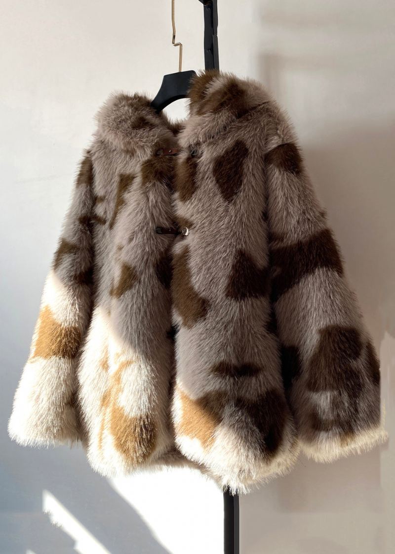 Italiensk Hette Colorblock-knapplommer Fuzzy Fur Fluffy Coats Langermet - Vinterfrakker for kvinner