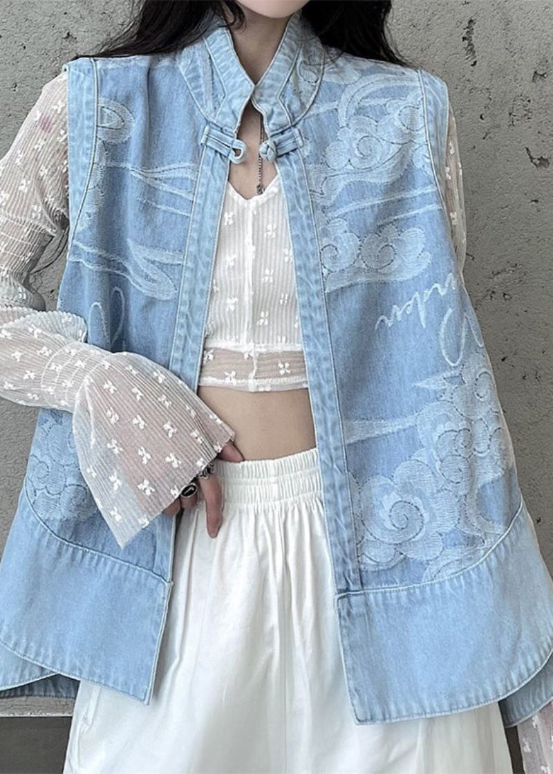 Italiensk Lyseblå Stativ Kragetrykk Patchwork Denim Vest