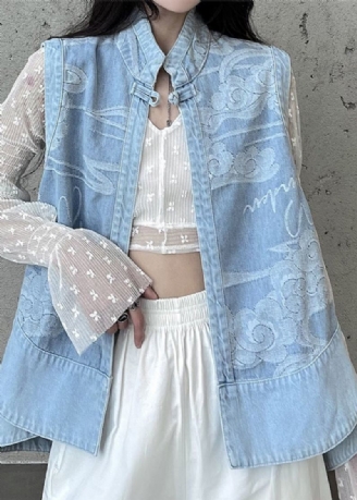 Italiensk Lyseblå Stativ Kragetrykk Patchwork Denim Vest