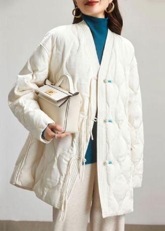 Jacquard Beige V-hals Knapp Patchwork Duck Down Coat Spring