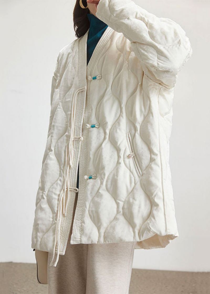 Jacquard Beige V-hals Knapp Patchwork Duck Down Coat Spring - Vinterfrakker for kvinner