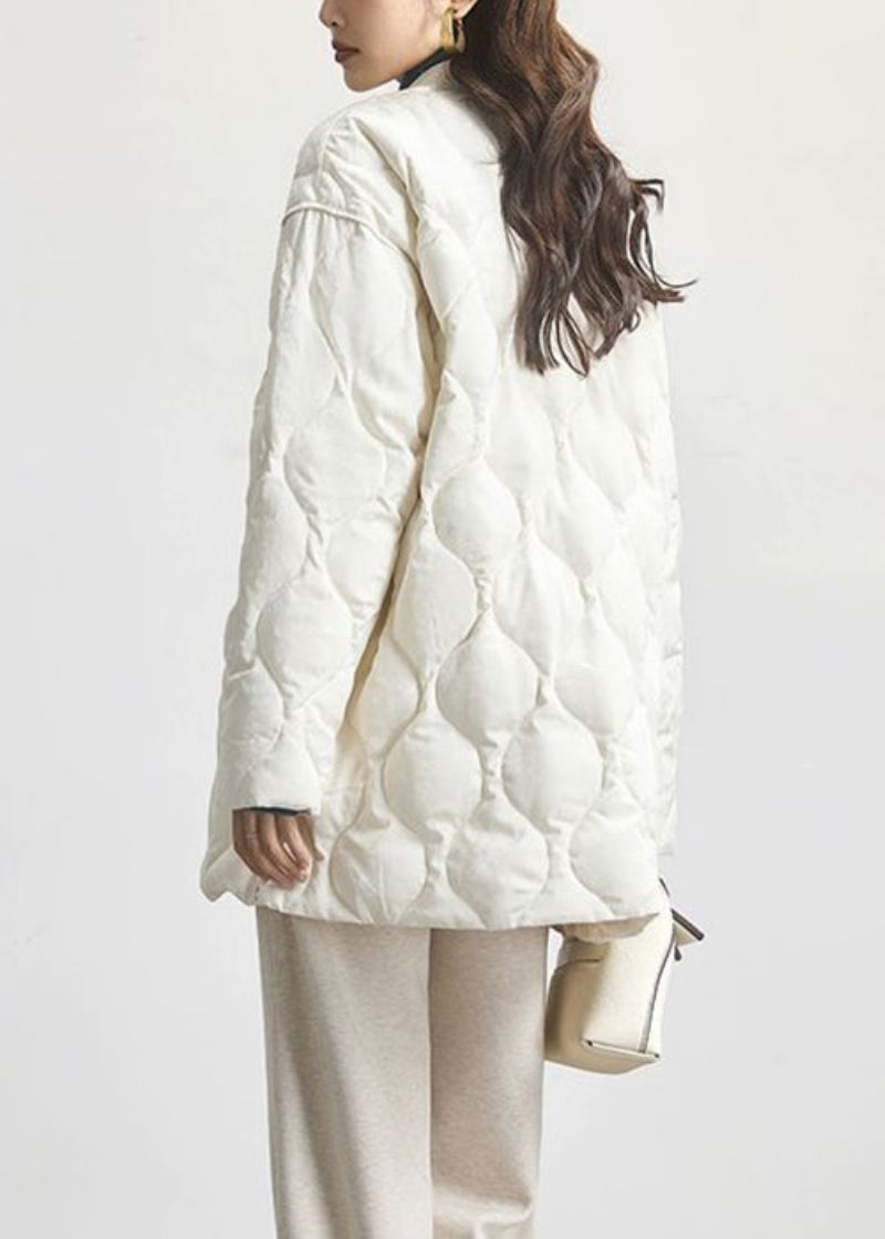 Jacquard Beige V-hals Knapp Patchwork Duck Down Coat Spring - Vinterfrakker for kvinner