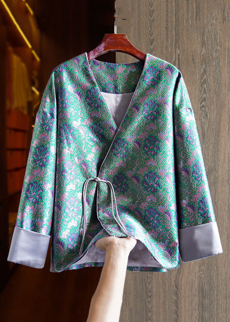 Jacquard Grønn V-hals Kinesisk Button Patchwork Silk Coats Langermet