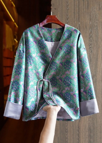 Jacquard Grønn V-hals Kinesisk Button Patchwork Silk Coats Langermet