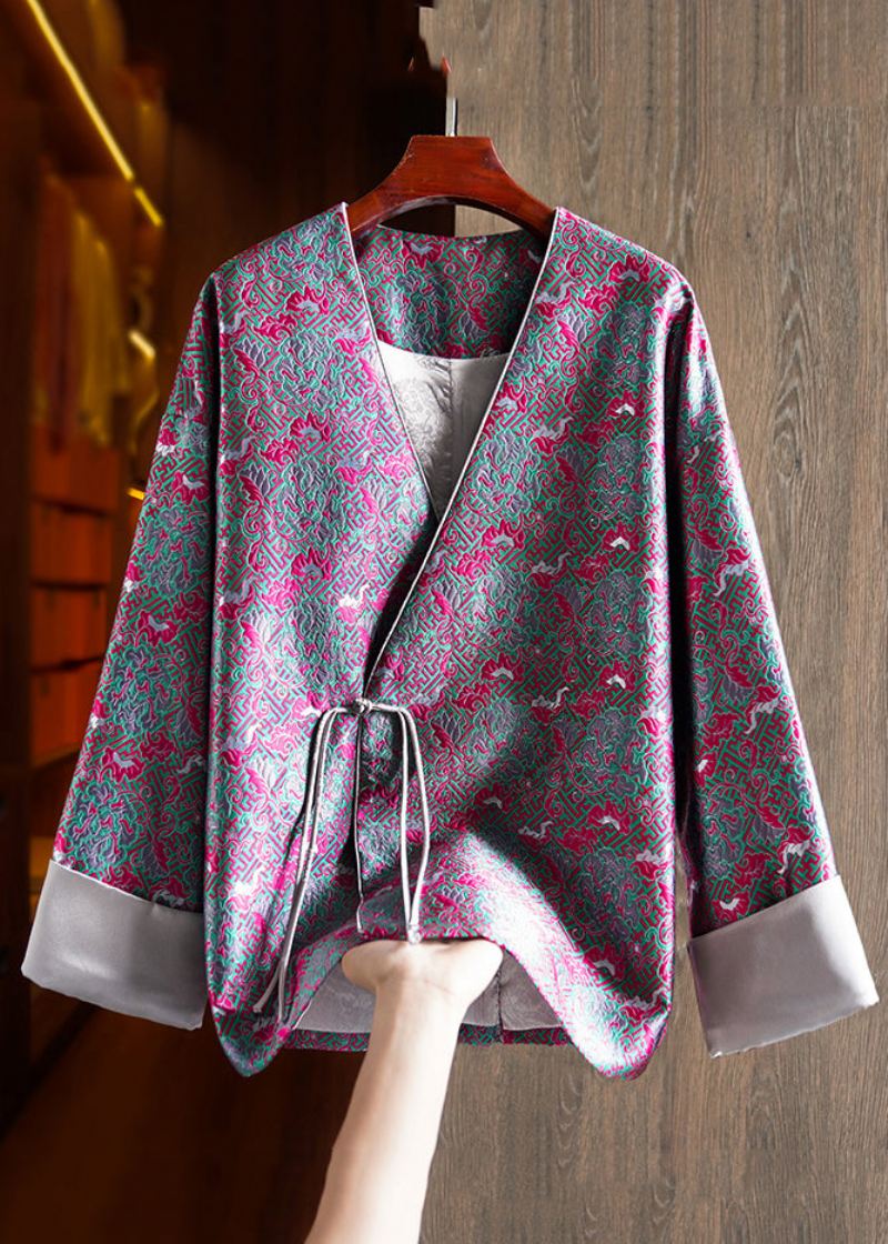 Jacquard Grønn V-hals Kinesisk Button Patchwork Silk Coats Langermet - Vinterfrakker for kvinner