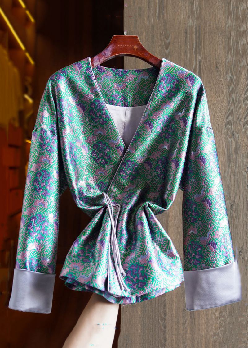 Jacquard Grønn V-hals Kinesisk Button Patchwork Silk Coats Langermet - Vinterfrakker for kvinner