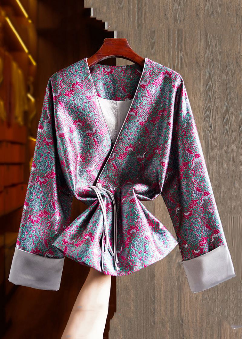 Jacquard Grønn V-hals Kinesisk Button Patchwork Silk Coats Langermet - Vinterfrakker for kvinner