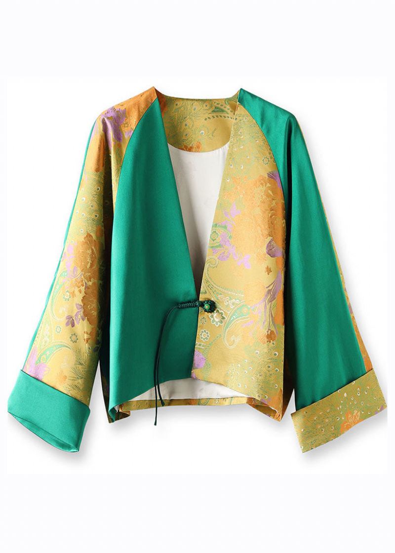 Jacquard Grønn V-hals Patchwork Button Silk Coats Fall - Vinterfrakker for kvinner