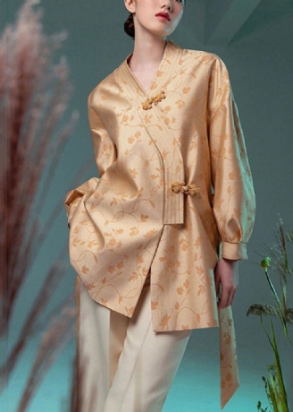 Jacquard Gul V-hals Kinesisk Button Silk Coat Langermet