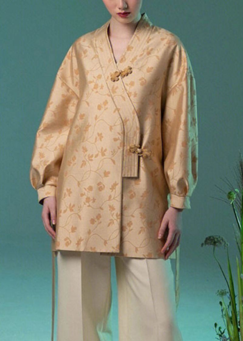 Jacquard Gul V-hals Kinesisk Button Silk Coat Langermet - Vinterfrakker for kvinner