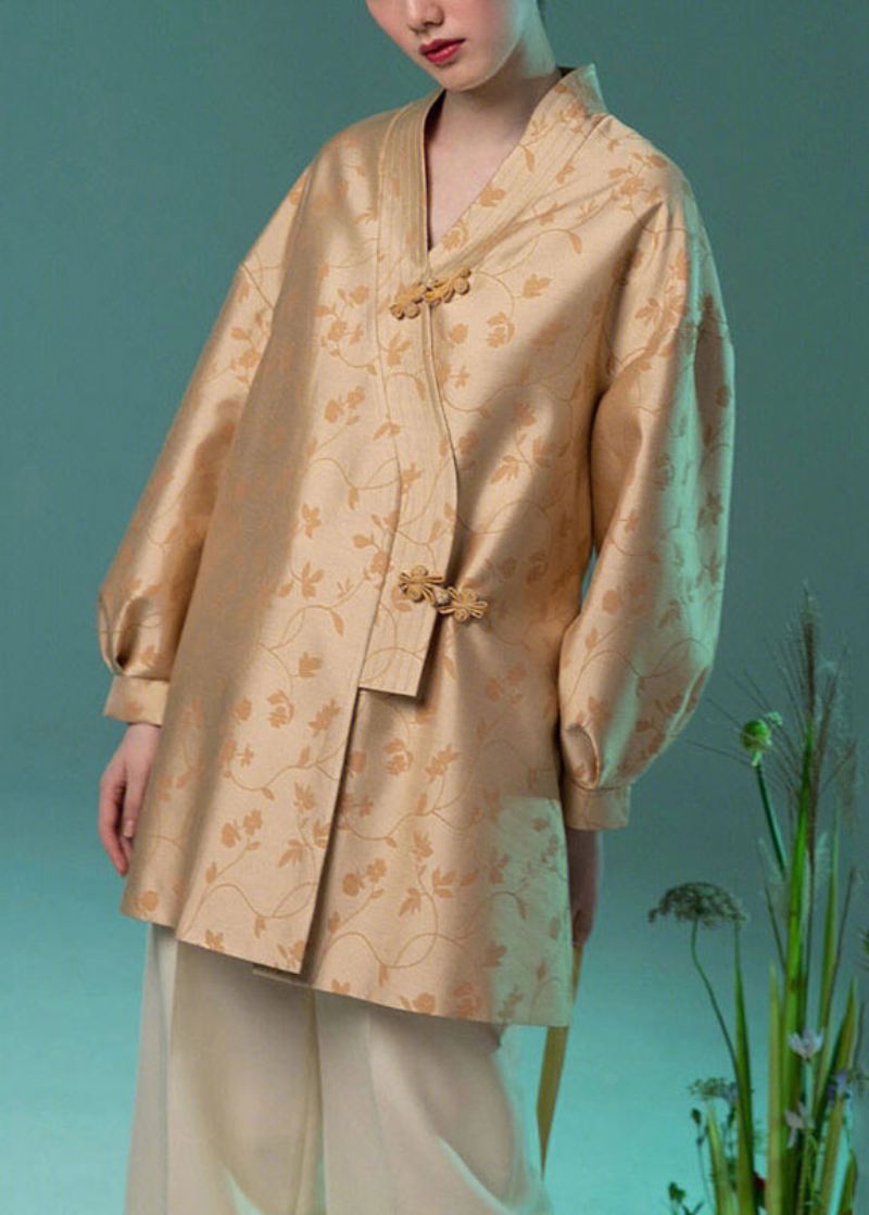 Jacquard Gul V-hals Kinesisk Button Silk Coat Langermet - Vinterfrakker for kvinner