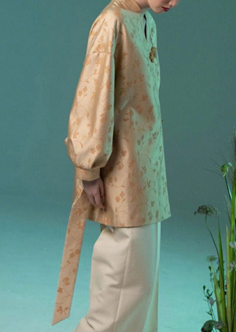 Jacquard Gul V-hals Kinesisk Button Silk Coat Langermet - Vinterfrakker for kvinner