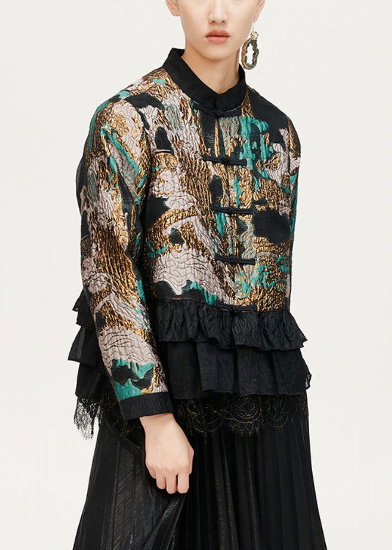 Jacquard Kaffe Ruffled Button Coat Langermet