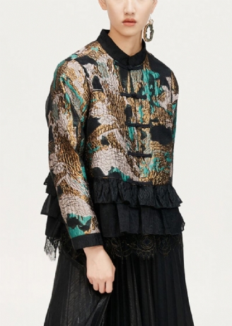 Jacquard Kaffe Ruffled Button Coat Langermet