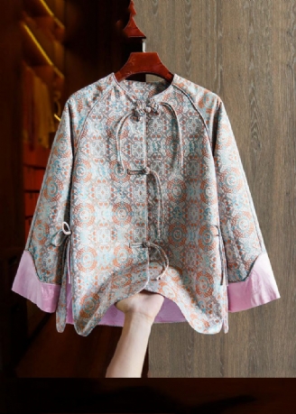 Jacquard Rosa Patchwork Side Åpen Knapp Silk Coat Fall