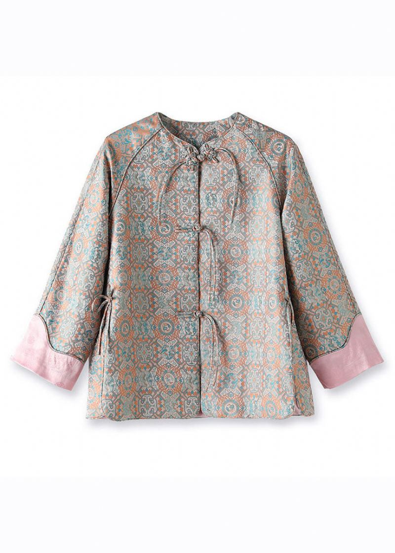 Jacquard Rosa Patchwork Side Åpen Knapp Silk Coat Fall - Vinterfrakker for kvinner