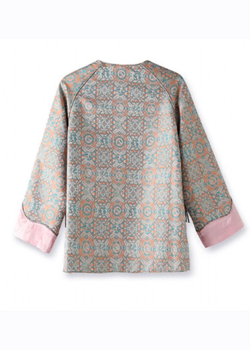 Jacquard Rosa Patchwork Side Åpen Knapp Silk Coat Fall - Vinterfrakker for kvinner