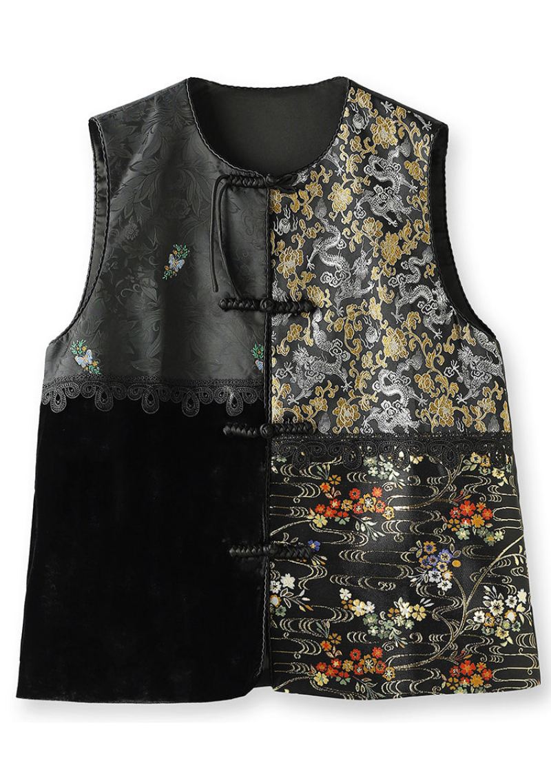 Jacquard Svart Brodert Knapp Patchwork Silke Velur Vest - Vinterfrakker for kvinner