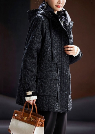 Jacquard Svarte Hettelommer Snøring Cotton Fylt Coats Spring