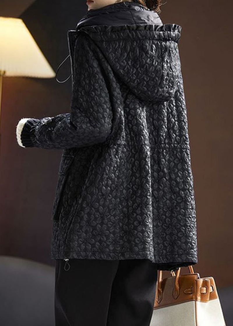 Jacquard Svarte Hettelommer Snøring Cotton Fylt Coats Spring - Vinterfrakker for kvinner