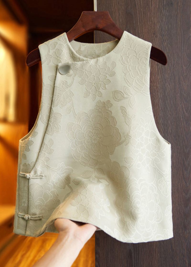 Jacquard White Tan O-halsknapp Patchwork Silkevest Ermeløs