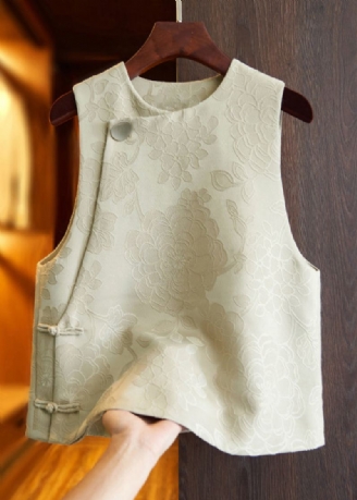 Jacquard White Tan O-halsknapp Patchwork Silkevest Ermeløs