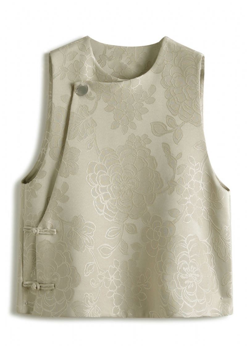 Jacquard White Tan O-halsknapp Patchwork Silkevest Ermeløs - Vinterfrakker for kvinner