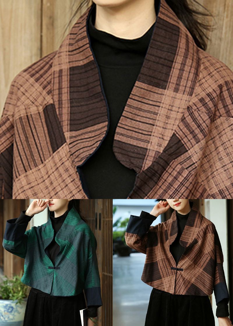 Kaffeknapp Patchwork Cotton Coat Stativ Krage Langermet - Vinterfrakker for kvinner