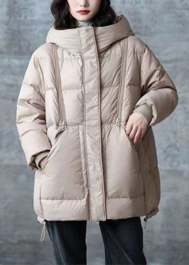 Khaki Lommer Snøring Patchwork Duck Down Coat Zip Up Winter