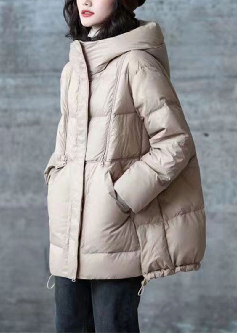 Khaki Lommer Snøring Patchwork Duck Down Coat Zip Up Winter - Vinterfrakker for kvinner