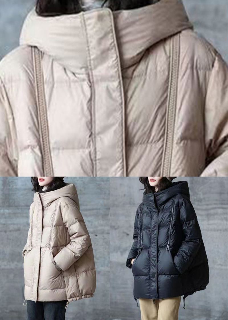 Khaki Lommer Snøring Patchwork Duck Down Coat Zip Up Winter - Vinterfrakker for kvinner